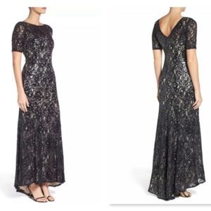 Adrianna Papell Sequin Mermaid Gown size 14P 14 petite midnight navy blue nude